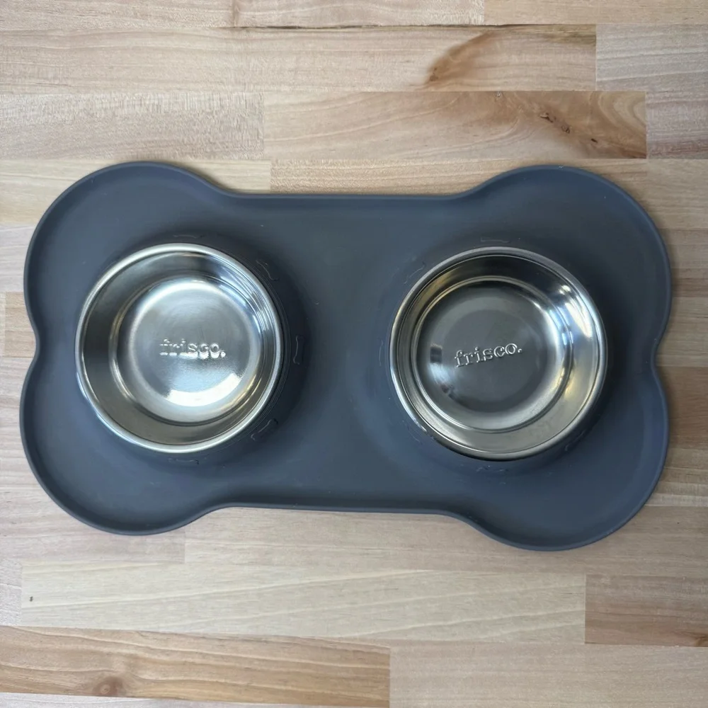 Frisco Double Stainless Steel Dog Bowl Set with Grey Silicone Mat